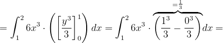 \dpi{120} =\int_{1}^{2}6x^{3}\cdot \left ( \left [ \frac{y^{3}}{3} \right ] _{0}^{1}\right )dx=\int_{1}^{2}6x^{3}\cdot \overset{=\frac{1}{3}}{\overbrace{\left ( \frac{1^{3}}{3} -\frac{0^{3}}{3} \right )}}dx=